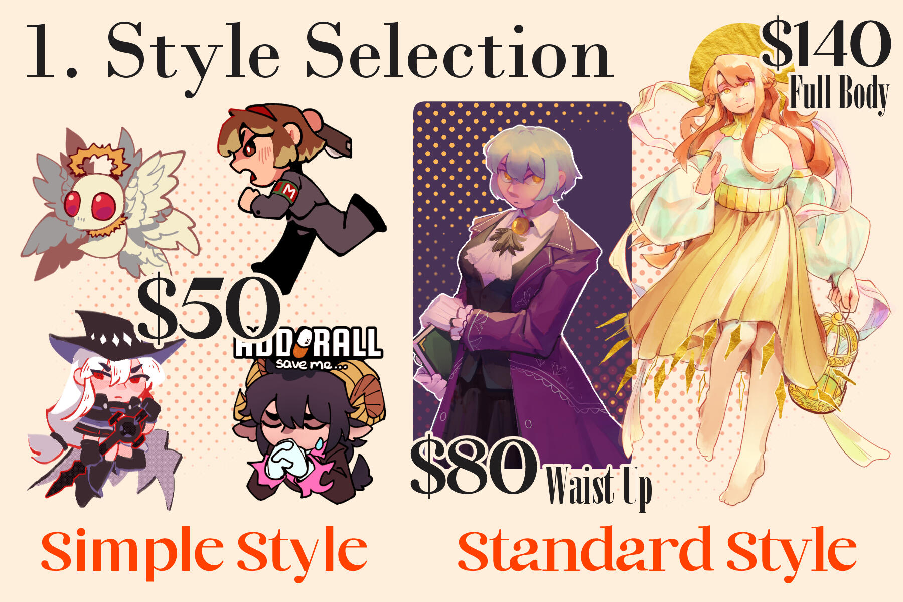 A graphic showing different art style available to commission.